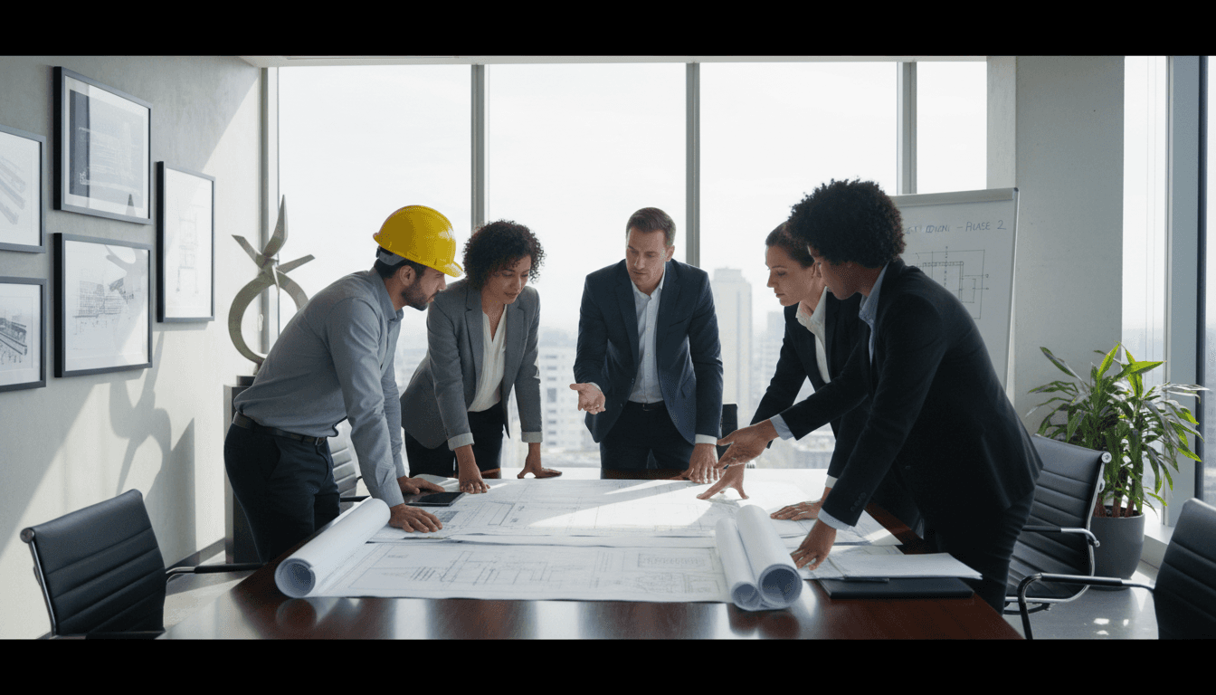 Construction team reviewing project plans and blueprints at office table