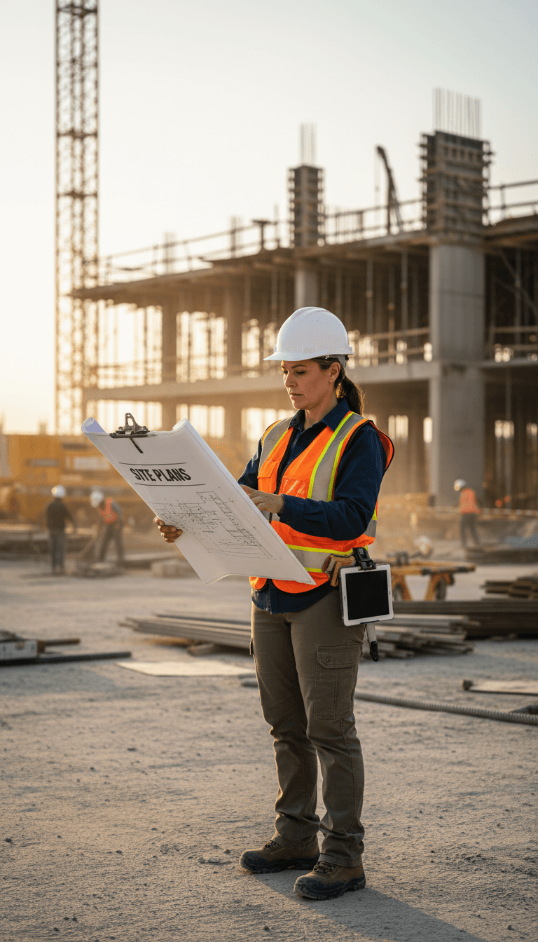 Construction professional reviewing project plans on site in Los Angeles