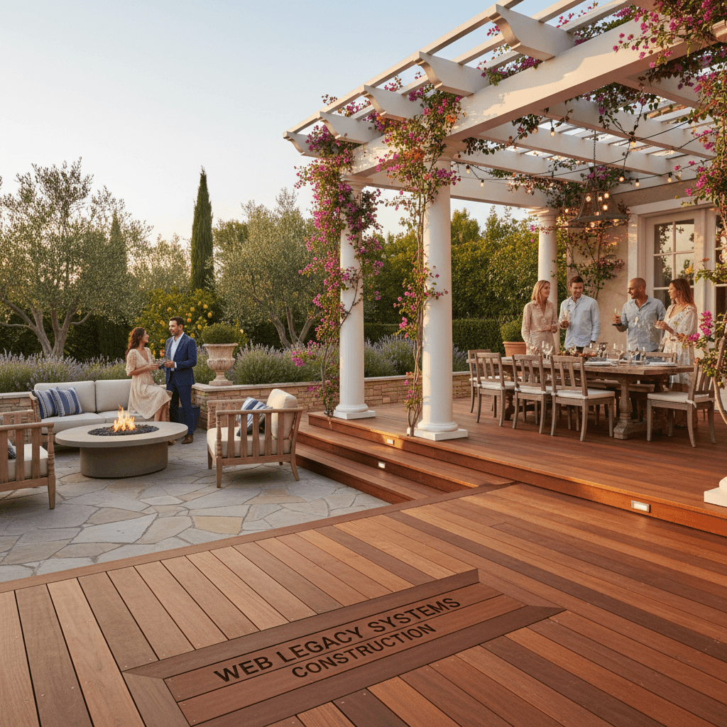 Residential outdoor space with custom deck and pergola, people enjoying Mediterranean landscape