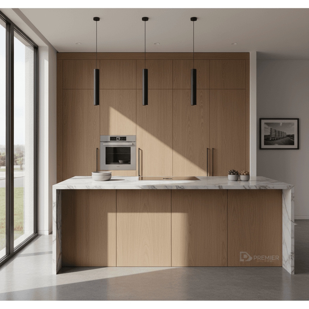 Modern kitchen remodel with marble island, oak cabinets, and pendant lighting in natural light.