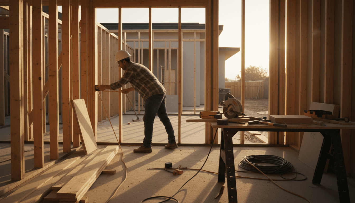Construction professional measuring framing on residential project in Los Angeles