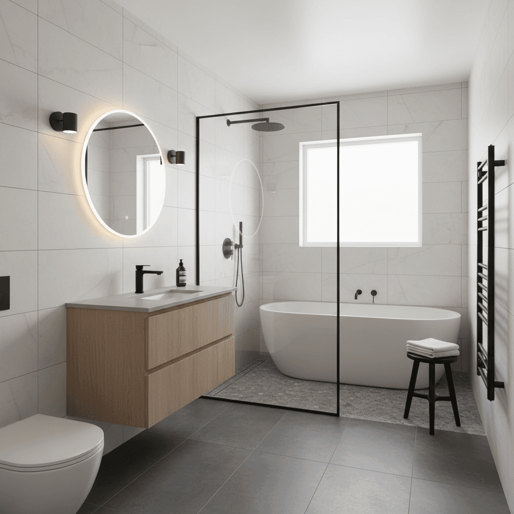 Contemporary bathroom with modern fixtures and updated tile