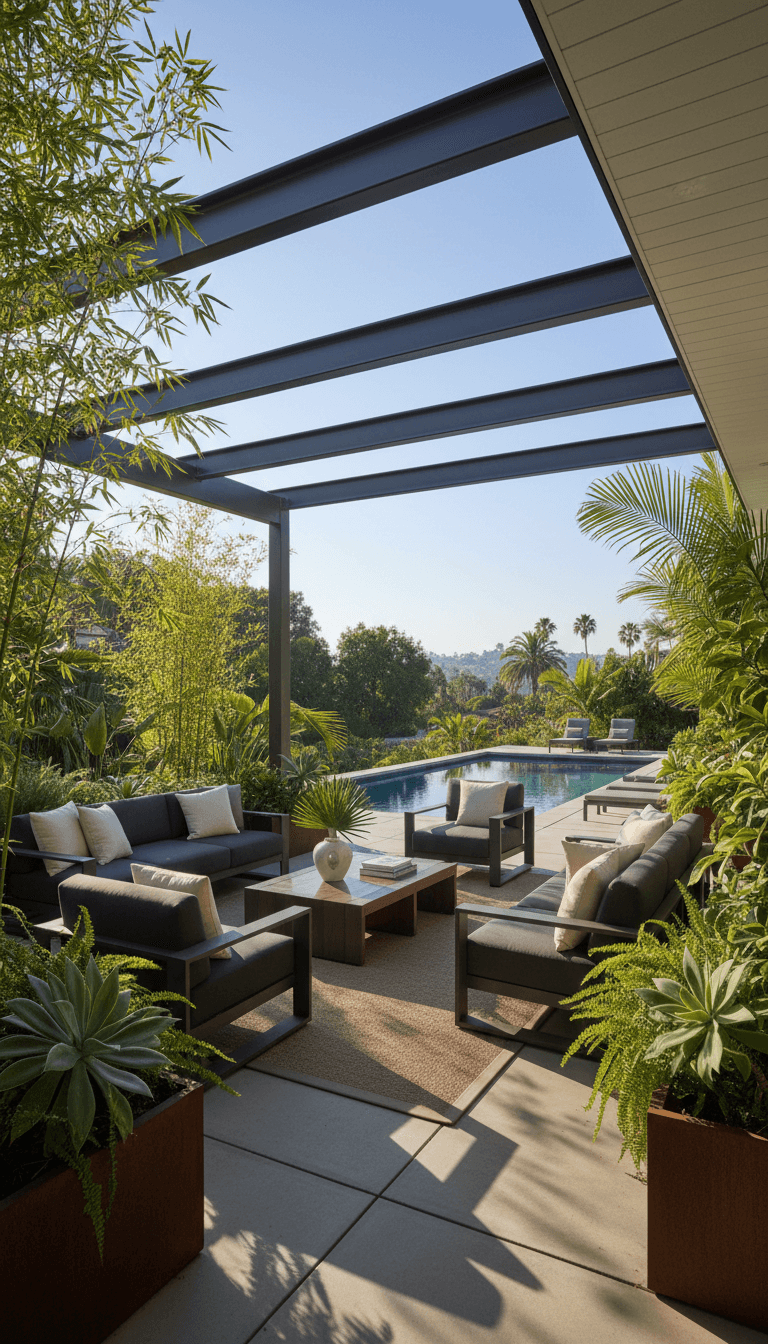 Modern patio with dark gray furniture under a black pergola overlooking a swimming pool.