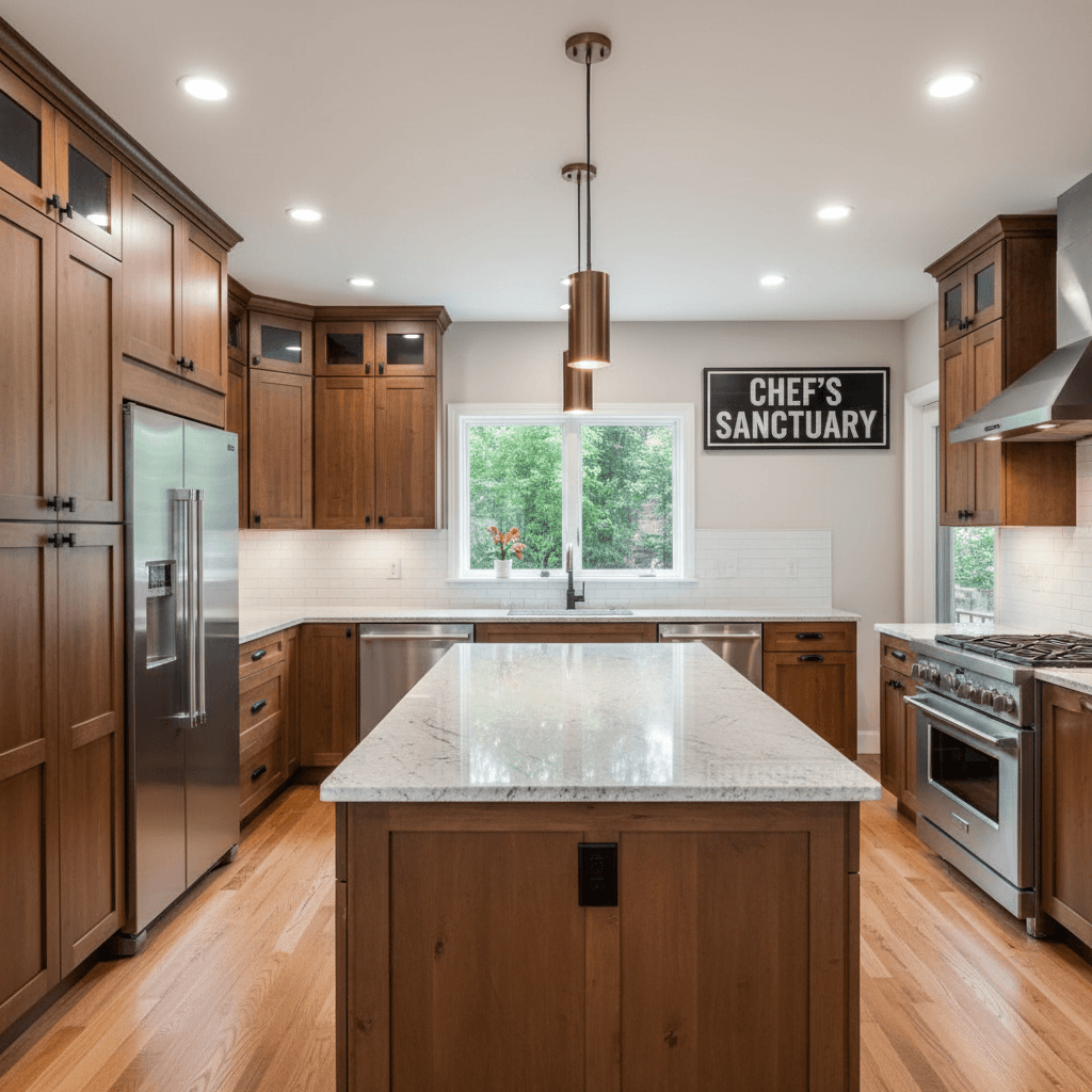 Modern kitchen remodel with custom cabinetry and new appliances
