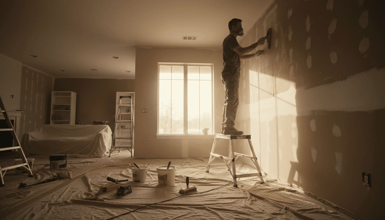 Handyman repairing drywall and preparing walls for painting in bright residential living room with natural light