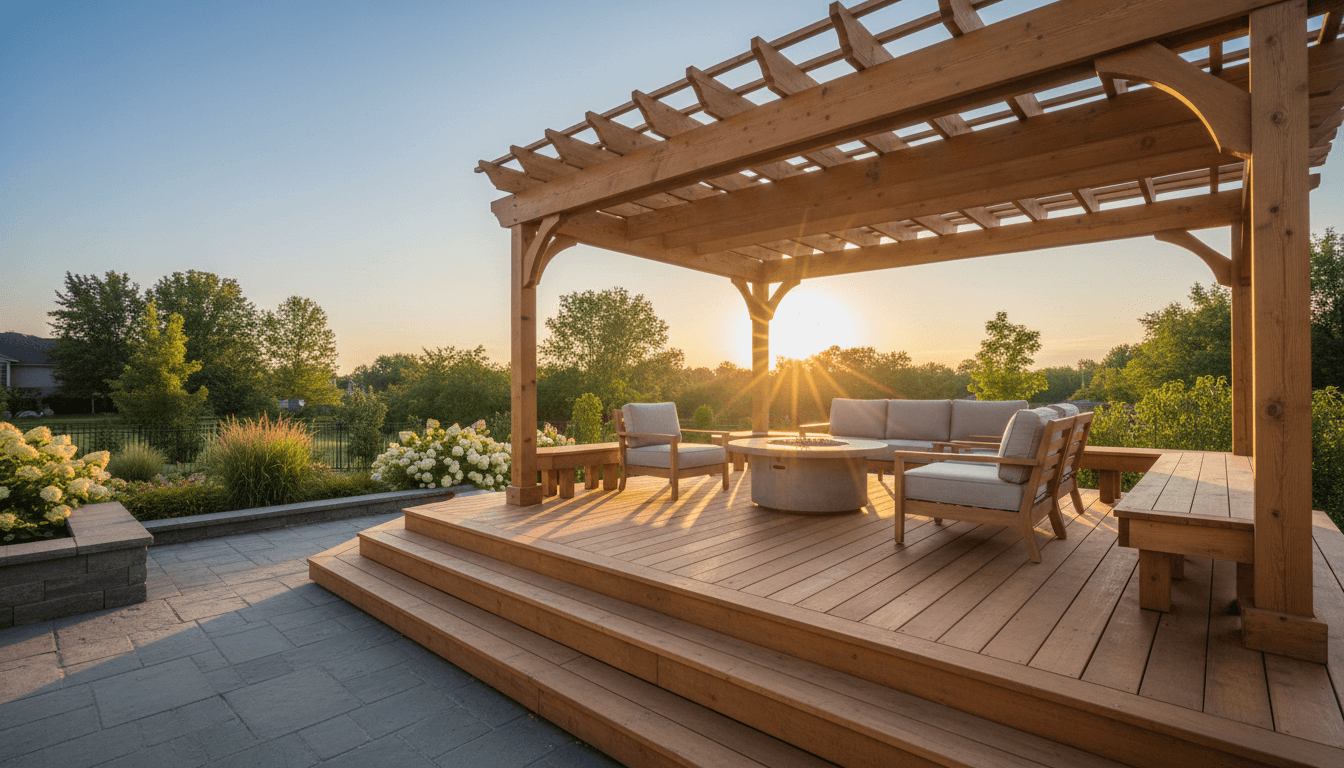 Newly constructed wooden deck and pergola structure with quality craftsmanship overlooking landscaped residential backyard during golden sunset