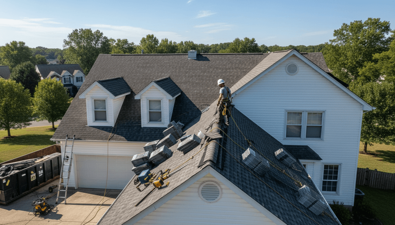 Roofing contractor on residential home roof demonstrating replacement work and full-scale roofing project scope