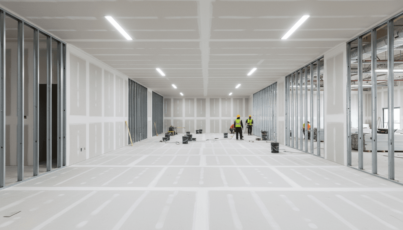 Expansive commercial building interior with complete drywall installation across multiple work areas and construction personnel