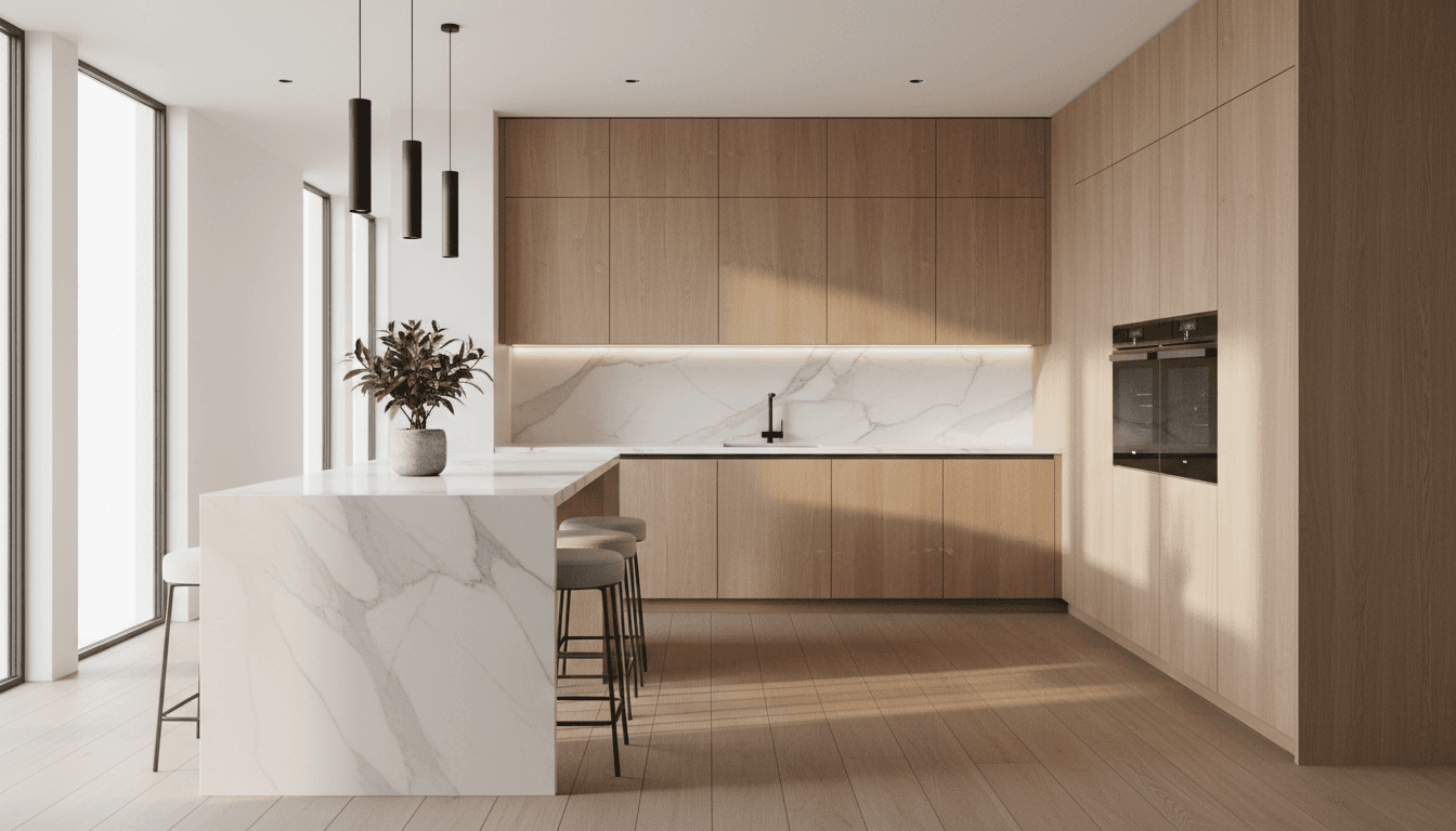 Modern minimalist kitchen with waterfall island, matte pendant lights, oak cabinetry, marble counters, and natural morning light