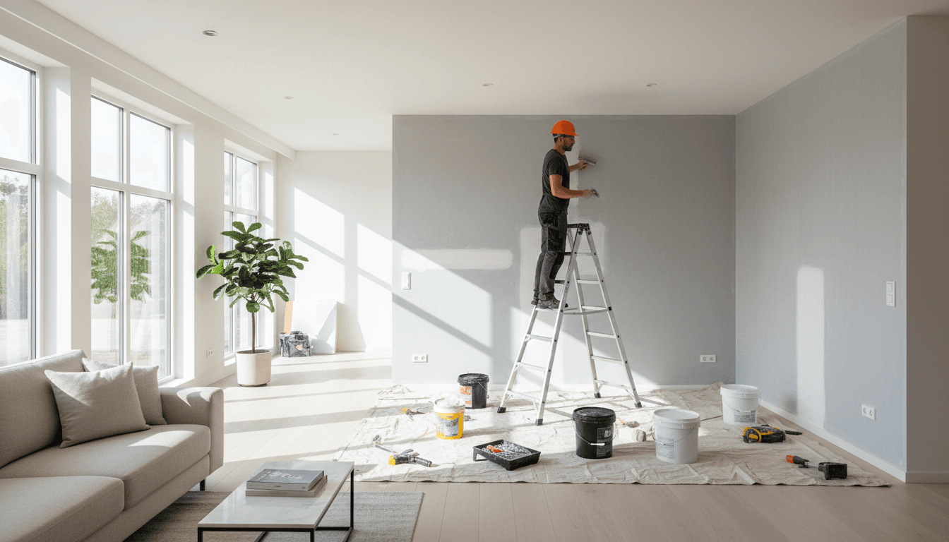 Professional tradesman on ladder painting and repairing drywall in bright residential living room with natural light