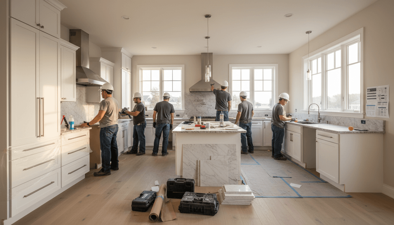 Construction team completing a modern kitchen remodel in Los Angeles
